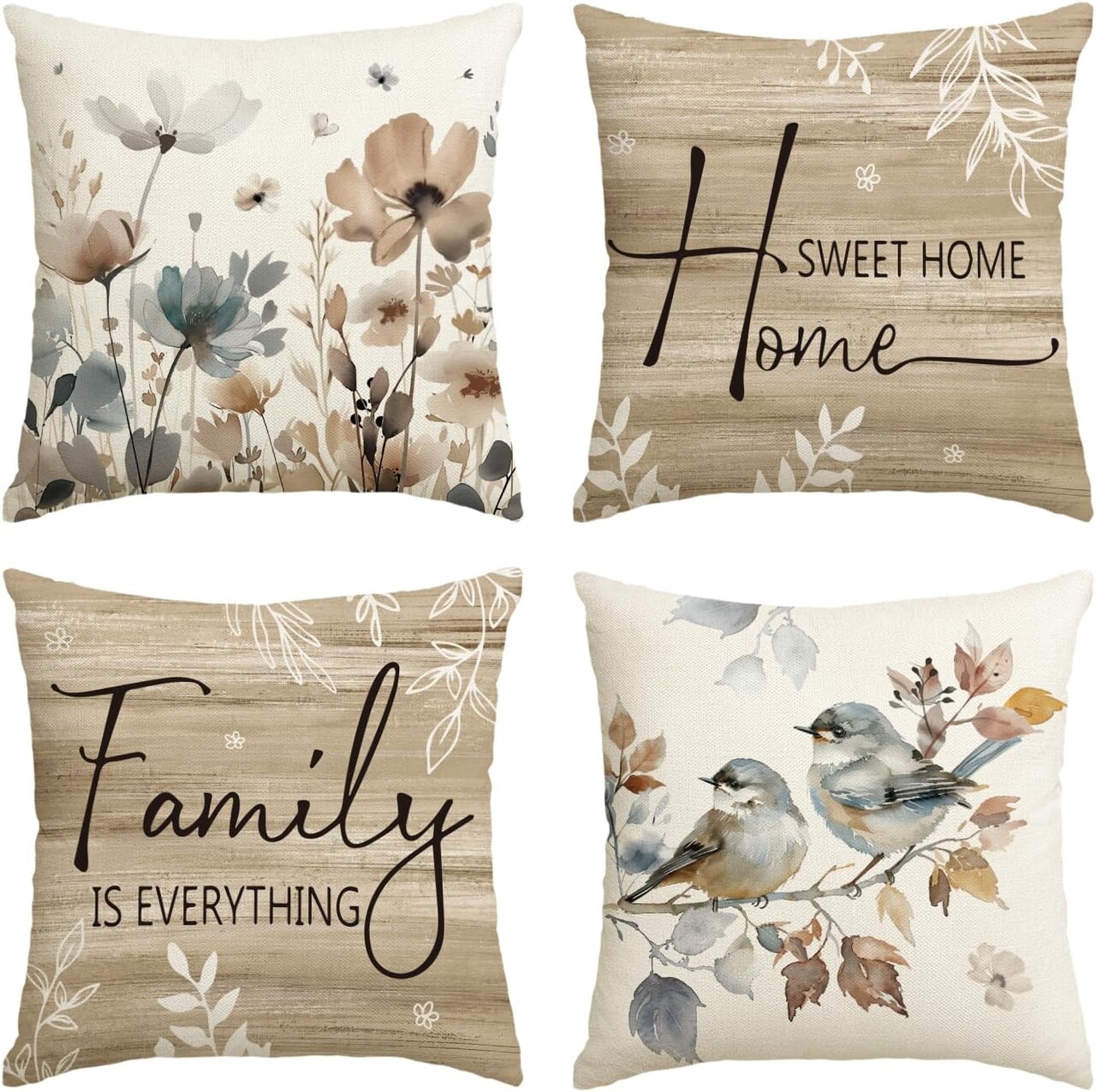 colorlife Chinoiserie Poppy Flowers Chickadee Spring Home Sweet Home Throw Pillow Covers, 18 x 18 Inch Fall Autumn Family is Everything Decorations for Sofa Couch Set of 4